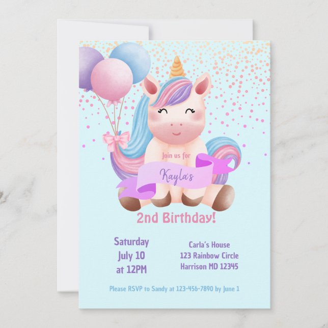Invitation Rainbow Unicorn Magique deuxième anniversaire (Devant)