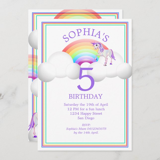 Invitation Rainbow Unicorn Magique mignonne Anniversaire (Devant / Derrière)