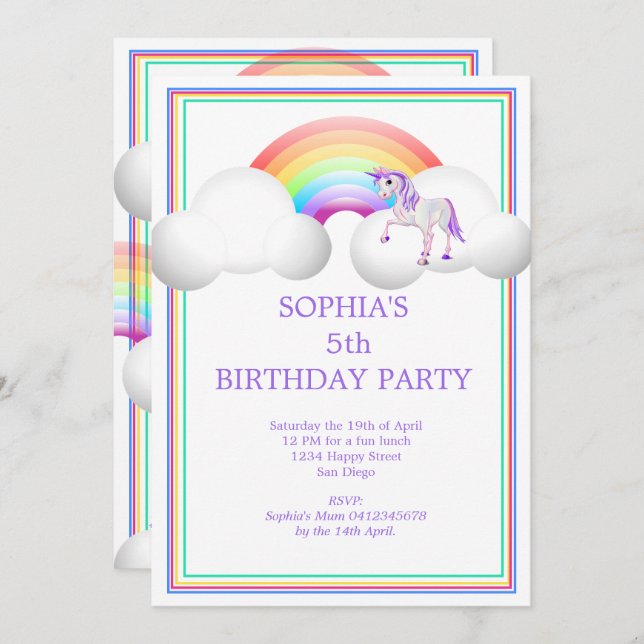 Invitation Rainbow Unicorn Magique mignonne Anniversaire (Devant / Derrière)