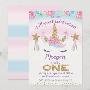 Invitation Rainbow Unicorn Parties scintillant 1er anniversai