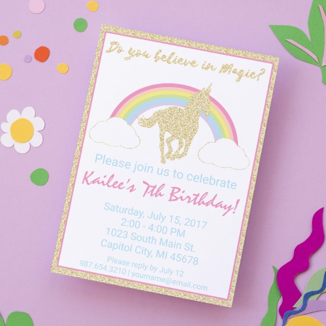 Invitation Rainbow Unicorn Parties scintillant Anniversaire F (Créateur téléchargé)