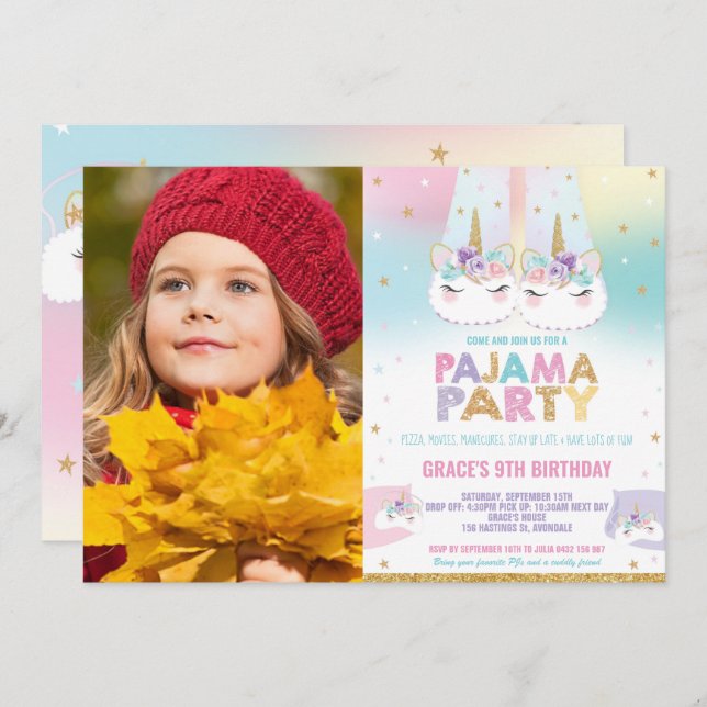 Invitation Rainbow Unicorn Pyjama fête d'anniversaire Photo (Devant / Derrière)