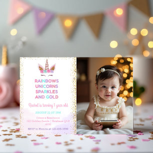 Invitation Rainbow Unicorn Royal Sparkle Photo Anniversaire