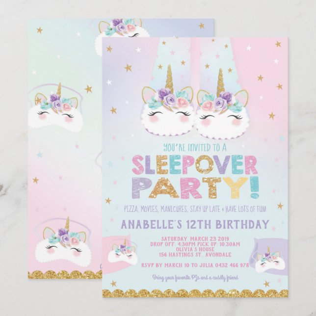 Invitation Rainbow Unicorn Sleepover fête d'anniversaire (Devant / Derrière)