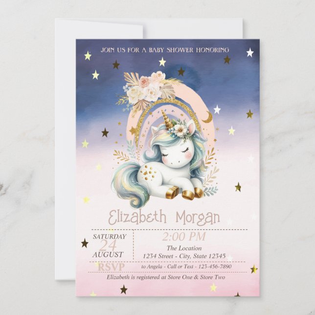 Invitation Rainbow Unicorn Stars Ombre Baby shower (Devant)