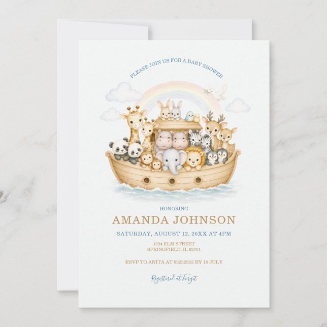 Invitation Rainbow Watercolor Animals Noah Ark (Devant)
