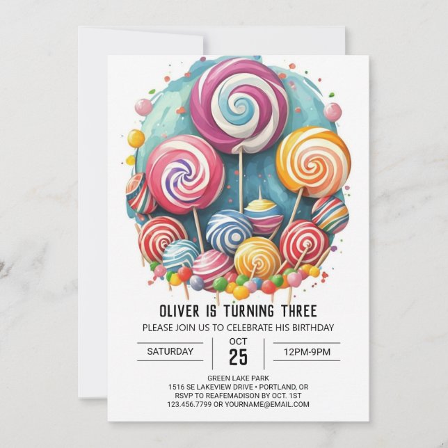 Invitation Rainbow Watercolor Lollipop Anniversaire (Devant)