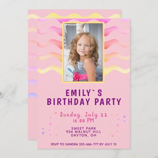 Invitation Rainbow Waves Rose Girl Photo Anniversaire (Devant / Derrière)