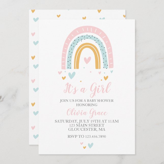 Invitation Rainbows and Hearts Girl Baby shower Pastel Invita (Devant / Derrière)