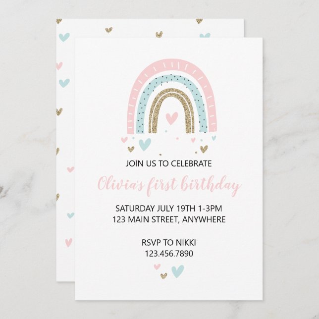 Invitation Rainbows and Hearts Premier anniversaire Invitatio (Devant / Derrière)