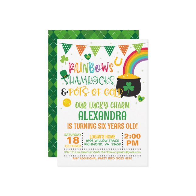 Invitation Rainbows, Shamrocks et Pots d'Or Anniversaire (Devant/Arrière en situation)