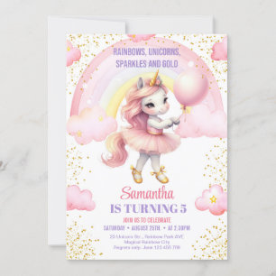 Invitation Rainbows Unicorns Étincelles et Or anniversaire