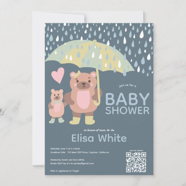 Invitation Raindrops Mama & Baby Bear QR CODE Douche personna (Devant)