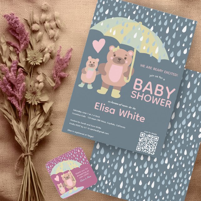 Invitation Raindrops Mama & Baby Bear QR CODE Douche personna (Raindrops Mama & Baby Bear QR CODE Custom baby Shower  Sprinkle Invitation)