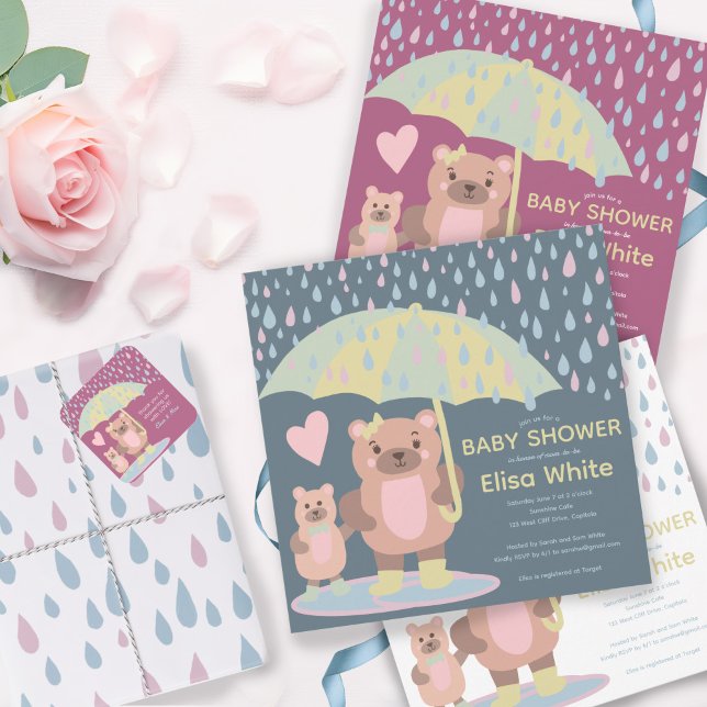 Invitation Raindrops Puddles Mama & Baby Bear Douche personna (Raindrops Puddles Mama & Baby Bear Baby Shower Sprinkle Cute Square Custom Invitation
)