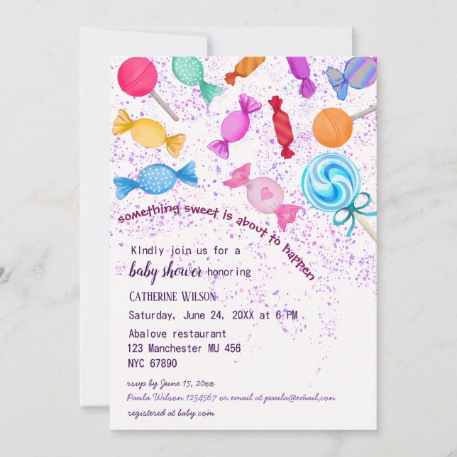 Invitation Rainfall Lollipop Sweets Baby shower Candyland (Devant)