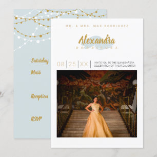 Invitation Rainy Day Blue & Gold Photo Quinceanera