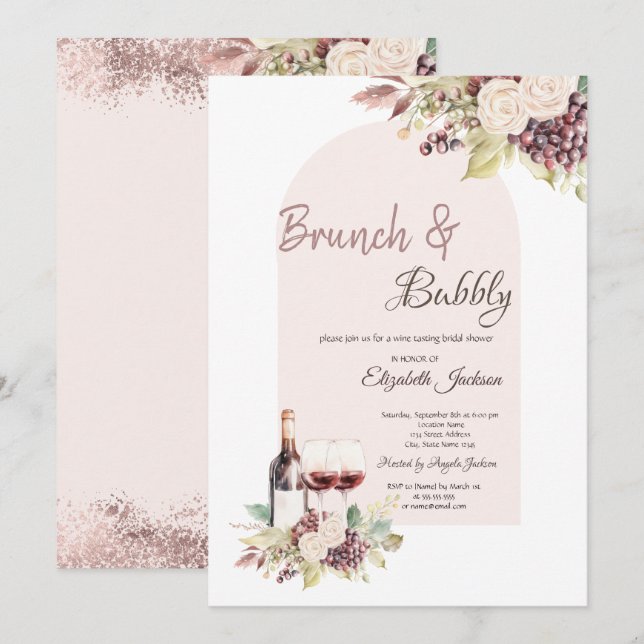 Invitation Raisins de vin Boho Fleurs Brunch & Bubbly (Devant / Derrière)