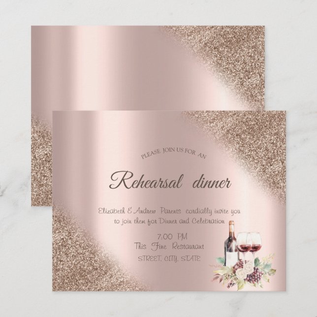 Invitation Raisins de vin élégants Rose Gold Glitter  (Devant / Derrière)