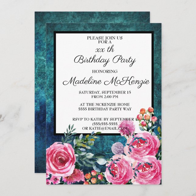 Invitation Raisins rose turquoise fête d'anniversaire (Devant / Derrière)