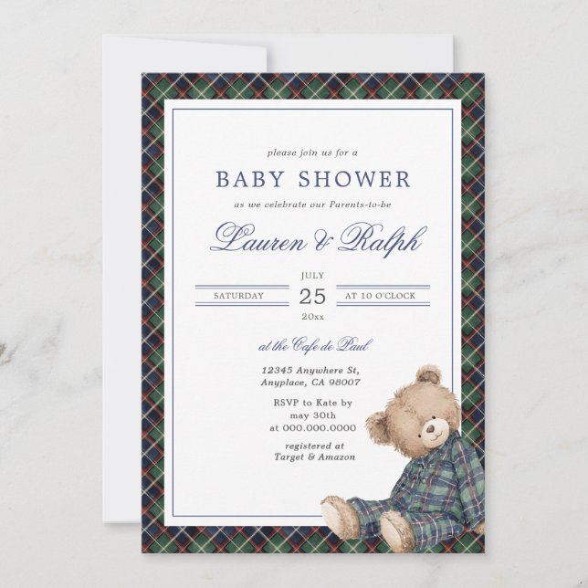 Invitation Ralph Plaid Teddy Bear Boy Navy Preppy Baby Shower (Devant)