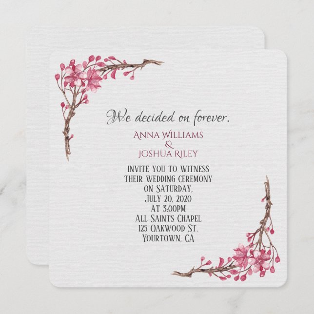 Invitation Rameau floral aquarelle rose sur gris (Devant / Derrière)