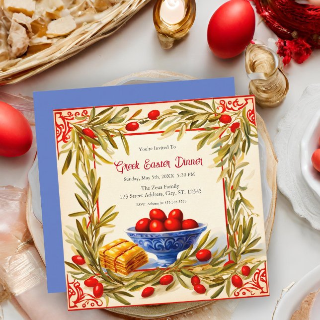 Invitation Rameaux d'olive et Baklava : une affaire de Pâques (Embrace tradition and taste with our Greek Easter celebration invitation.)
