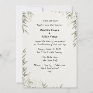 Invitation Rameaux d'olivier, Feuillage aquarelle, Ligne bota