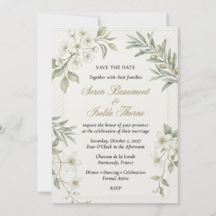 Invitation Rameaux d'olivier, Fleurs blanches, Cadre à bordur