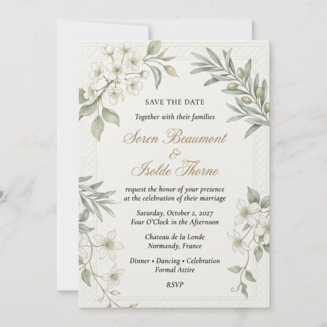 Invitation Rameaux d'olivier, Fleurs blanches, Cadre à bordur (Devant)