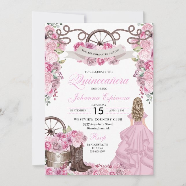 Invitation Ranchero Quinceanera rose rose occidentale (Devant)