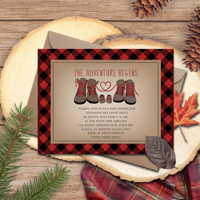Invitation Randonnées Boots Adventure Buffalo Plaid Baby show (Créateur téléchargé)
