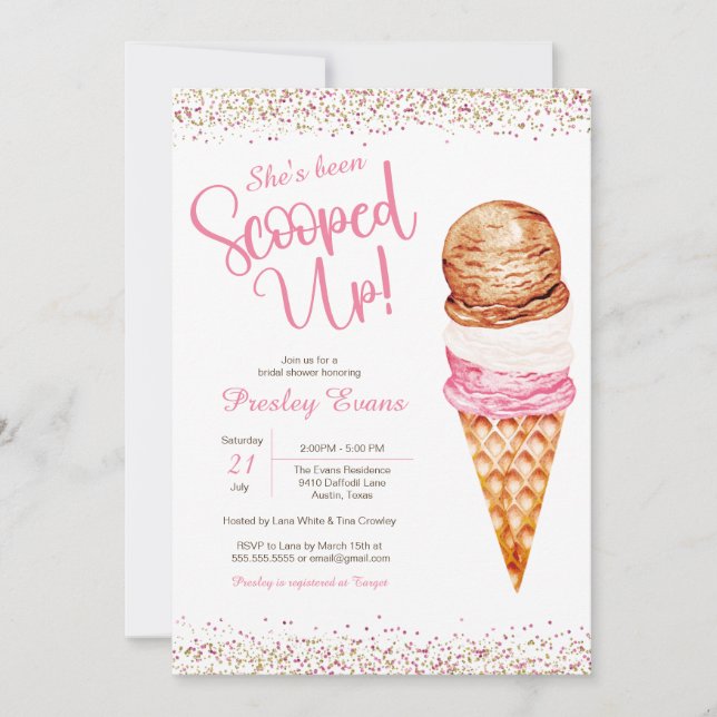 Invitation Rangée, Crème de glace Fête des mariées rose et bl (Devant)