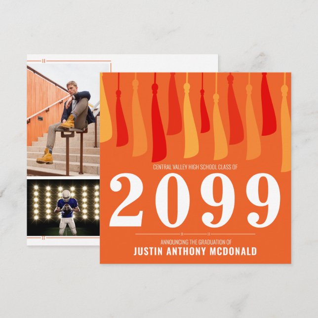 Invitation Rangée orange de glands diplômé de deux photos (Devant / Derrière)