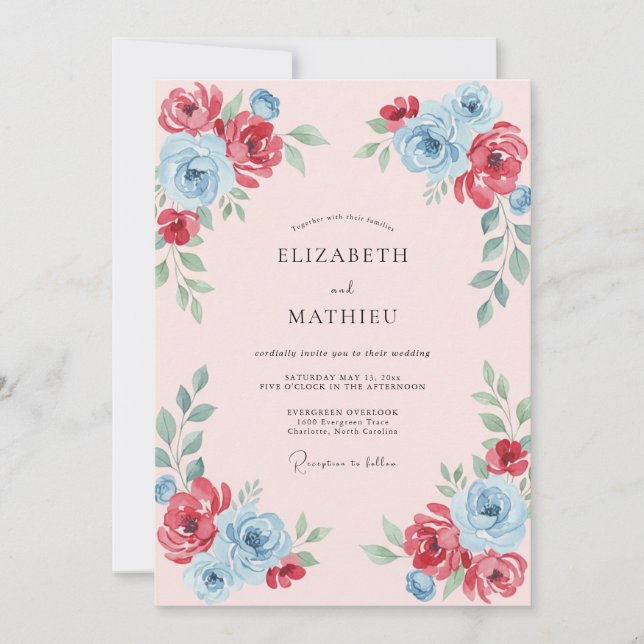 Invitation Ranunculus Azur Écarlate Mariage Eucalyptus Apaisé (Devant)
