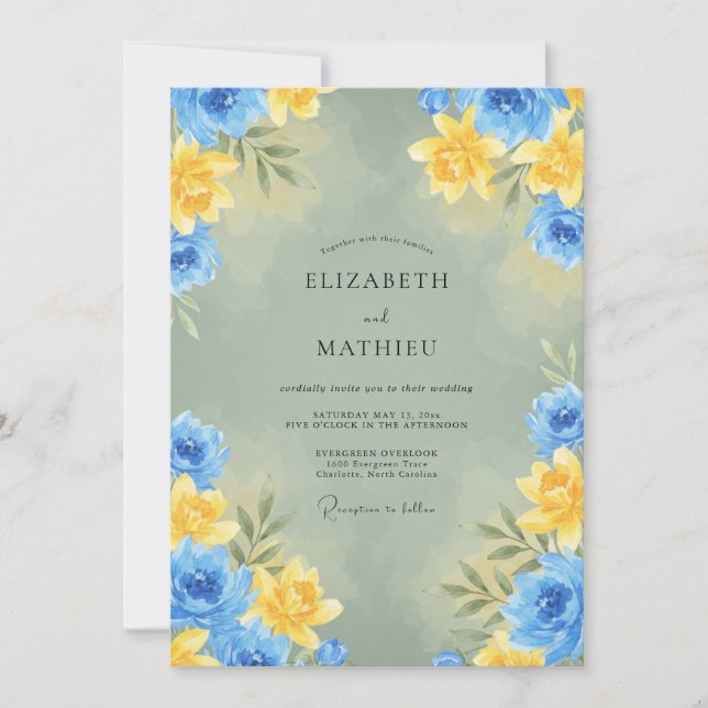 Invitation Ranunculus Canari Bleuet Eucalyptus Mariage (Devant)