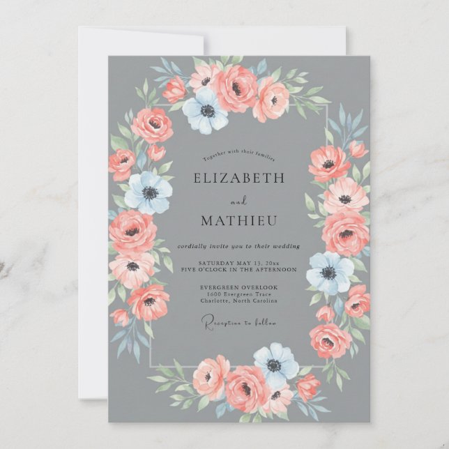 Invitation Ranunculus Corail Ardoise Eucalyptus Douce Mariage (Devant)
