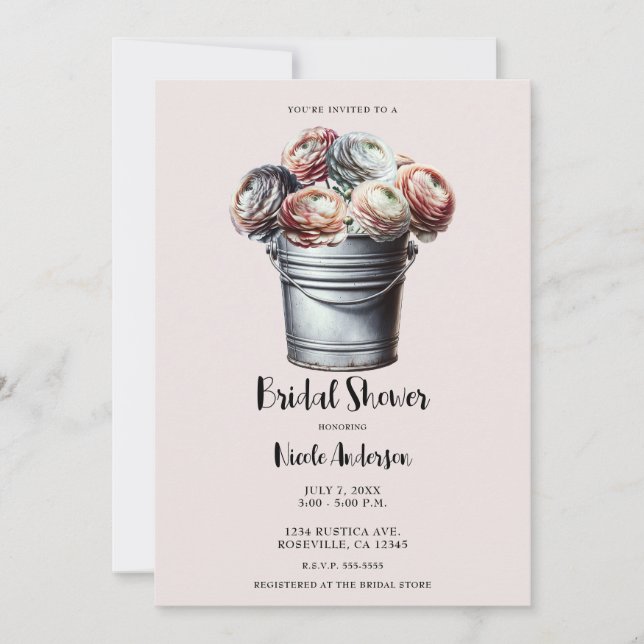 Invitation Ranunculus dans Tin Pail Rustique Glam rose Bride (Devant)
