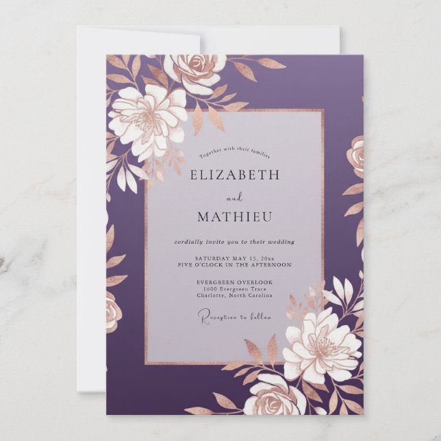 Invitation Ranunculus doré prune et mariage à l'eucalyptus do (Devant)