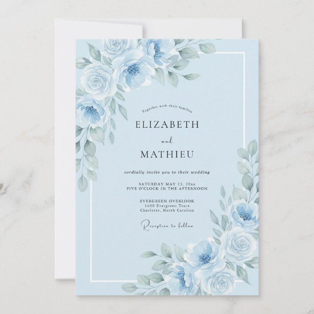 Invitation Ranunculus Eucalyptus Mariage Azur Poudré (Devant)
