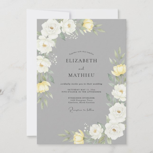 Invitation Ranunculus Eucalyptus Mariage Jaune Ardoise (Devant)
