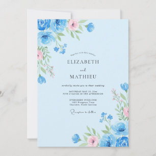 Invitation Ranunculus Eucalyptus Mariage Rose Pâle et Bleuet