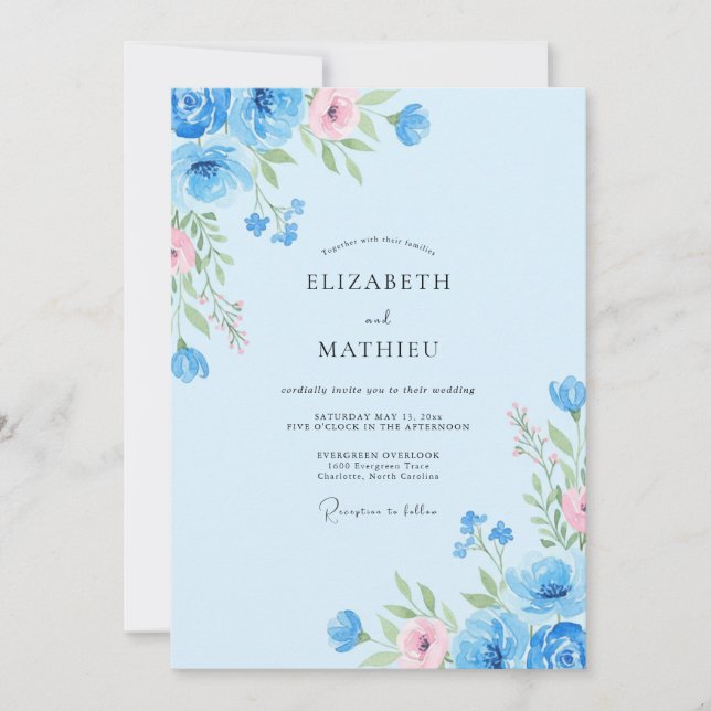 Invitation Ranunculus Eucalyptus Mariage Rose Pâle et Bleuet (Devant)