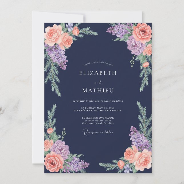 Invitation Ranunculus Grey Eucalyptus Weddi Lavande de Minuit (Devant)