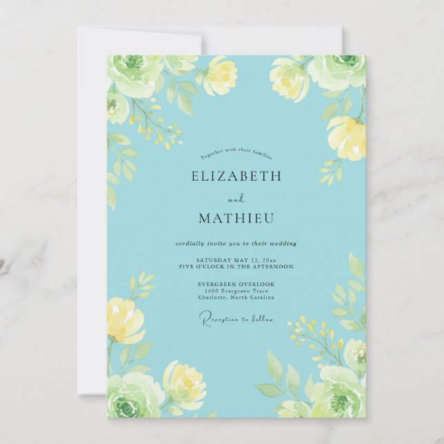 Invitation Ranunculus jaune azur Mariage Eucalyptus atténué (Devant)