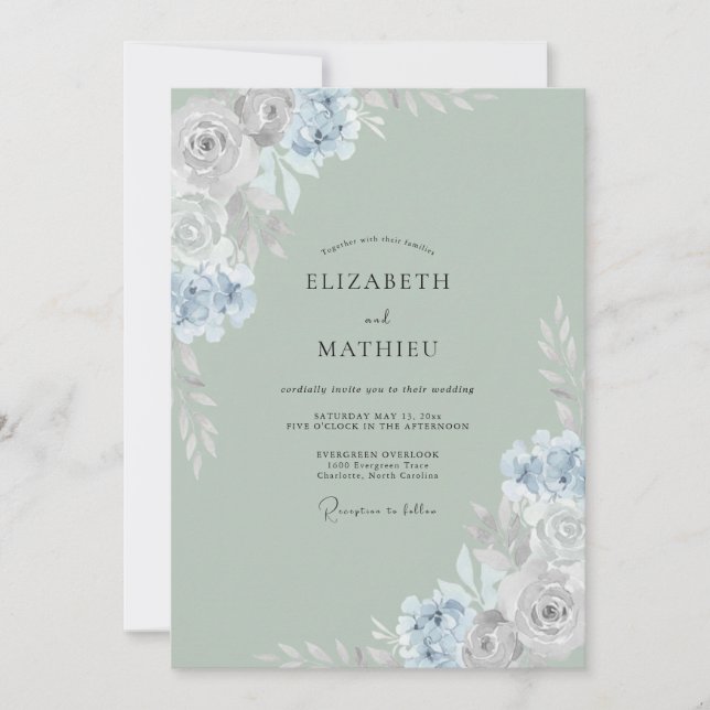 Invitation Ranunculus Pervenche Mousse de Mer Mariage Eucalyp (Devant)