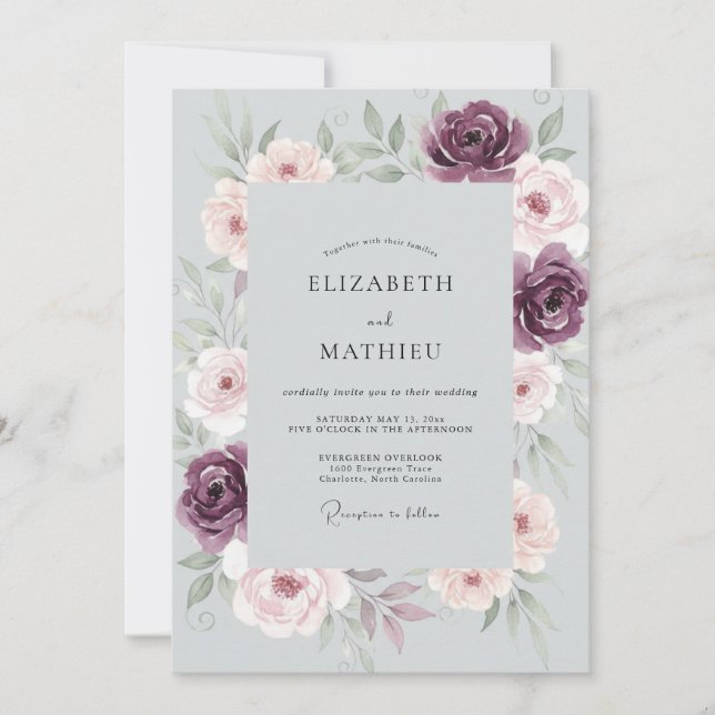 Invitation Ranunculus prune ardoise et eucalyptus feutré pour (Devant)
