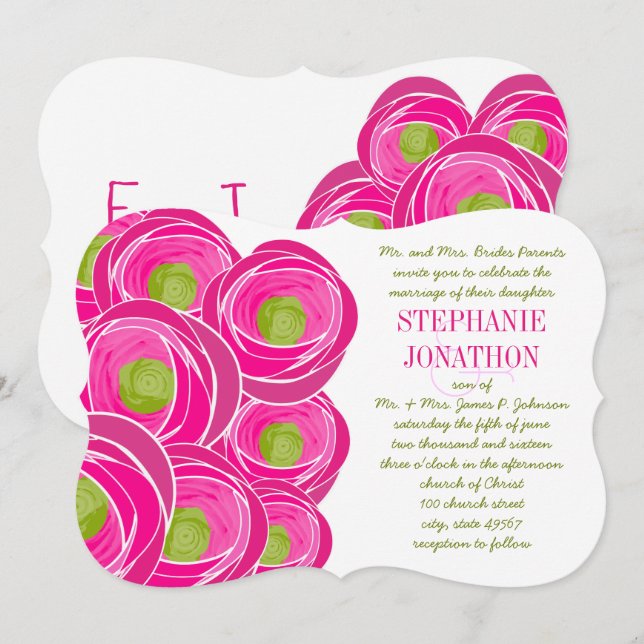 Invitation Ranunculus Rose Lime Fuchsia Mariage moderne Invit (Devant / Derrière)