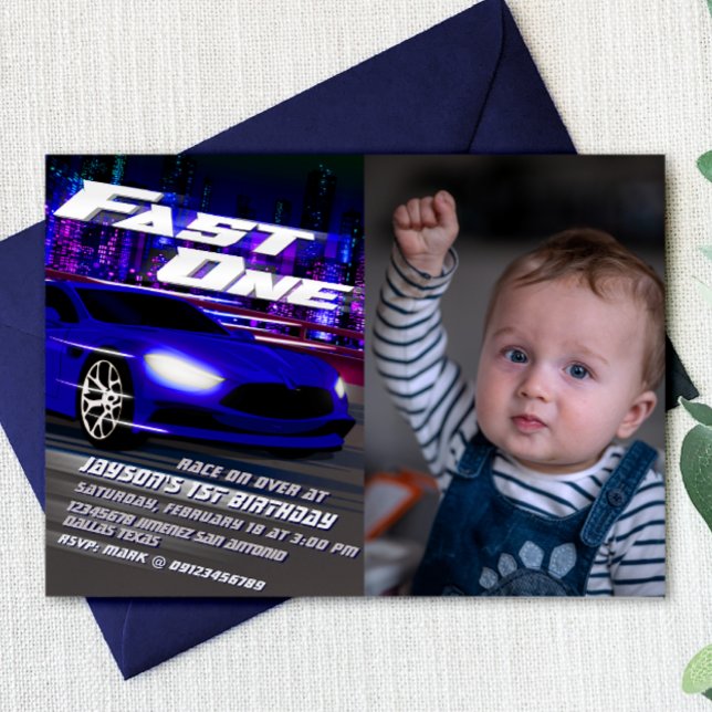 Invitation Rapide avec Image (Fast One - 1st Birthday Racing Boy Landscape Invitation with Photo)
