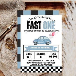 Invitation Rapide Une Bleue Voiture de Course Vintage Garçon 